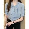 欧贝汐短袖雪纺衬衫女夏季上衣2025年新款蝴蝶结气质职业OL时尚洋气衬衣 蓝色 XL 实拍图