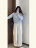 舒芳蝶（shufangdie）休闲裤女装春秋季2026新款奶蓝色内搭毛衣外套女高级感三件套装 外套+内搭+裤子 三件套 M 实拍图