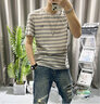 DZSF高端夏季薄款冰丝条纹仿亚棉麻圆领短袖t恤衫男士时尚打底体恤男 杏色（字母） L 【体重建议: 120-138斤】 实拍图