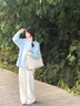 舒芳蝶（shufangdie）春装针织开衫两件套女高级感慵懒风盐系穿搭毛衣垂感阔腿裤套装潮 蓝色毛衣+杏色阔腿裤 M 实拍图