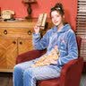芬腾 睡衣女秋冬季新品珊瑚绒翻领保暖长袖开衫家居服套装 灰兰 M 实拍图