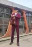 OMAX西装男套装韩版修身三件套商务休闲职业正装西服新郎伴郎结婚礼服 酒红一扣上衣+西裤+马甲 175/XL（130-140斤左右） 实拍图