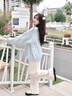 舒芳蝶（shufangdie）春装针织开衫两件套女高级感慵懒风盐系穿搭毛衣垂感阔腿裤套装潮 蓝色毛衣+杏色阔腿裤 M 实拍图