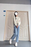 妍莉芬（yanlifen）卫衣女装小个子休闲职业秋季新款女装套装2025年秋冬衣服两件套装 白色针织衫+蓝色直筒阔腿裤 S 实拍图