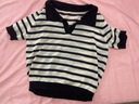 独束大码女装清凉感针织条纹短袖T恤女夏季新款微胖mm气质翻领上衣 黑白条纹 XL 实拍图
