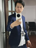 罗蒙 西服男士休闲西装男套装外套修身伴郎新郎结婚商务职业正装衣服 藏青双扣(上衣+裤子+衬衫+领带) L /170【100-115斤】 实拍图