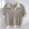 欧莎（OSA）条纹polo领针织衫短袖女高端夏季冰丝薄款休闲百搭显瘦上衣 杏色 M 实拍图