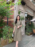 衣典零一（LEDIALYI）2025夏季女装新款中年休闲棉麻连衣裙遮肚子显瘦亚麻衬衫裙子夏天 军绿色 XL （建议131-140斤） 实拍图