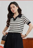 独束大码女装清凉感针织条纹短袖T恤女夏季新款微胖mm气质翻领上衣 黑白条纹 3XL 实拍图