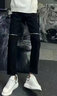 益帛牛仔裤男夏季新款港风膝盖拉链宽松做旧精神小伙修身小脚长裤子男 黑色 S【建议80-90斤】 实拍图