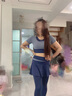 徽昂运动套装女瑜伽服跑步健身服速干衣含胸垫t恤假两件短袖裙裤蓝L 实拍图
