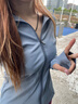 槿城瑜伽服女春秋长袖高弹速干透气运动外套健身服紧身显瘦上衣WT01 雾蓝-上衣 L （105-115斤） 实拍图