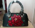 丝芙伦品牌中国风牡丹花真皮手提小包气质女士旗袍包时尚妈妈包牛皮压花宴会包 黑色-红牡丹 实拍图