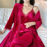 KJ睡衣女性感吊带睡裤睡裙睡袍四件套装金丝绒V领加厚可外穿家居服 四件套装酒红色 L （103-118斤） 实拍图