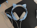 ONIKUMA 猫耳电竞游戏耳机头戴式 粉色电脑耳麦有线女生网红主播直播可爱台式笔记本吃鸡耳机带麦克风话筒 蓝色猫耳朵耳机（单圆孔版） 实拍图