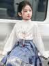 萝美酱2025新款马面裙女童儿童汉服套装全套春秋国风古装女孩 雀蓝色喷金马面裙+长袖上衣+项链 160 实拍图