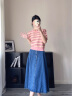 茵曼百搭轻薄通勤风女装条纹针织短袖t恤夏季显瘦套头上衣 藕粉色 S 实拍图