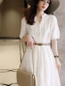 皮尔卡丹（pierre cardin）连衣裙2024新款夏季时尚女装韩版纯色短袖简约时尚中长款裙子女 白色 XL（建议115-125斤） 实拍图