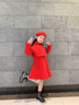 纯贝兔（CHUNBEITU）童装女童套装连衣裙秋冬季儿童背心裙拜年服小女孩毛呢外套三件套 红色 披肩+背心裙+帽子 130 建议身高125cm左右 实拍图