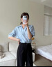 伯德小姐蓝色设计感轻奢v领衬衫女夏通勤日常短袖上衣职业小个子面试衬衣 实拍图