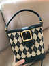 UR女包拼接女士包包2025新款菱格绣线单肩斜挎包小众高级手提水桶包 黑色 实拍图