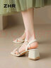 ZHR粗跟凉鞋女夏优雅水钻一字细带女鞋百搭方头鞋子女 JF15 米色 38 实拍图