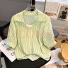 JZOG2024年新款夏装短袖雪纺上衣女装时尚假两件条纹衬衫洋气小衫夏季 绿色 XL 建议(115-125斤) 晒单实拍图