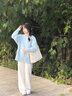 舒芳蝶（shufangdie）春装针织开衫两件套女高级感慵懒风盐系穿搭毛衣垂感阔腿裤套装潮 蓝色毛衣+杏色阔腿裤 M 实拍图