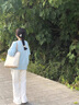 舒芳蝶（shufangdie）春装针织开衫两件套女高级感慵懒风盐系穿搭毛衣垂感阔腿裤套装潮 蓝色毛衣+杏色阔腿裤 M 实拍图