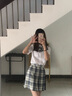萝美酱jk制服春秋全套女生短裙学院风JK裙百褶裙半身裙套装显瘦裙子 温柔格裙+短袖衬衫+领结 S 【建议80-95斤】 实拍图
