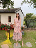 AUI 碎花雪纺连衣裙女2022夏新品设计感时尚女装中长款V领无袖裙子 粉色 M 实拍图