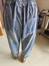 蘑菇同学宽松大码牛仔裤女春夏季新款竖条纹拼接九分裤显瘦哈伦裤女高腰 蓝色 M【建议95-120斤】 实拍图