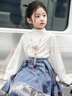 萝美酱2025新款马面裙女童儿童汉服套装全套春秋国风古装女孩 雀蓝色喷金马面裙+长袖上衣+项链 160 实拍图