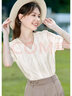 百图betu女装夏季新款衬衫法式V领花边拼接气质短袖衬衫女2305T28 杏色 S 实拍图