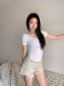 栖纪白色t恤女短袖2025新款v领不规则弧形下摆紧身正肩体恤纯棉上衣夏 白色 L 实拍图