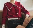 Olrain欧芮儿大翻领毛衣女春装新款复古泡泡袖上衣 红色 S 实拍图