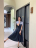 VEGA CHANG法式连衣裙女2025夏季新款假两件显瘦学院风短袖长裙 陨石灰（花边领） S 实拍图