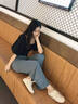 马迪安 2022夏季新款阔腿裤女高腰垂感冰丝长裤醋酸宽松铜氨丝休闲裤直筒裤女裤子 灰绿色【常规】 M【85-105斤】 实拍图