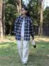BJHG不计后果春季刺绣撞色复古格子衬衫男潮牌新款港风宽松衬衣外套女 白蓝格纹 M 实拍图