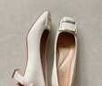 他她女鞋粗跟单鞋真皮方头休闲鞋高跟浅口鞋子7YO01AQ4 白色 36 实拍图