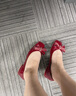 色非单鞋女鞋平底鞋浅口蝴蝶结方头一脚蹬女士鞋子 深红色 36 实拍图