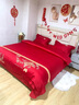 轻奢结婚四件套纯棉床单被套中式高级感红色婚庆陪嫁全棉床上用品 爱丽丝-红【顺丰速发+精美礼盒】 1.5米床单款（适合被芯200*230） 实拍图