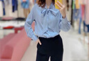 百图betu女装秋季新款衬衫多色法式蝴蝶结飘带长袖衬衫女2307T43 蓝色 XS 实拍图