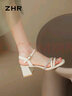 ZHR粗跟凉鞋女夏优雅水钻一字细带女鞋百搭方头鞋子女 JF15 米色 38 实拍图