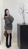 绯垚针织包臀连衣裙女春秋纯欲一字肩毛衣斜肩长袖性感露肩上衣短裙 灰色均码 【适合85-125斤】 均码 实拍图