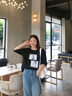 莎妮朵罗圆领印花短袖T恤女宽松遮肚子休闲打底衫夏季新款韩版上衣潮17103 黑色 2XL 建议115-135斤穿着 实拍图