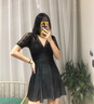 耐浪保守游泳衣女大码胖遮肚子显瘦性感深V吊带露背戏水世界沙滩裙装 显瘦黑 XL 【130斤以内ABCD罩杯】 实拍图