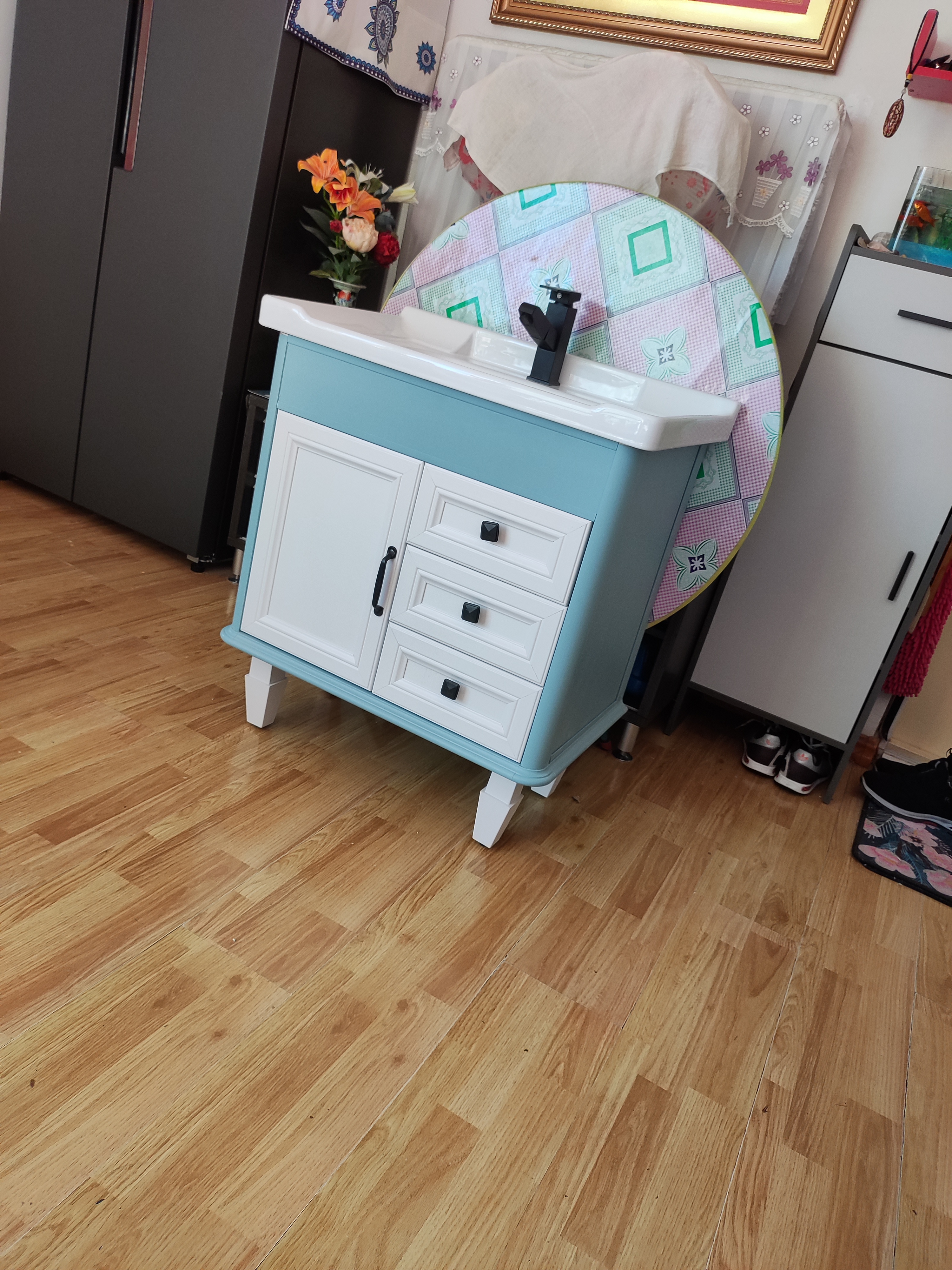 浴美优品浴室柜碳纤维地柜陶瓷一体盆卫生间洗手盆洗脸盆柜组合洗漱台镜柜 孔雀蓝落地柜70cm储物镜柜+陶瓷盆 实拍图