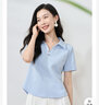 欧莎（OSA）纯色V形polo领t恤衫女士夏季衣服2025新款短袖高档显瘦减龄上衣 蓝色 L 实拍图