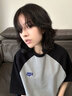 美式复古插肩撞色短袖t恤女夏季2025新款宽松设计感港风穿搭上衣 黑色拼灰色 L 实拍图